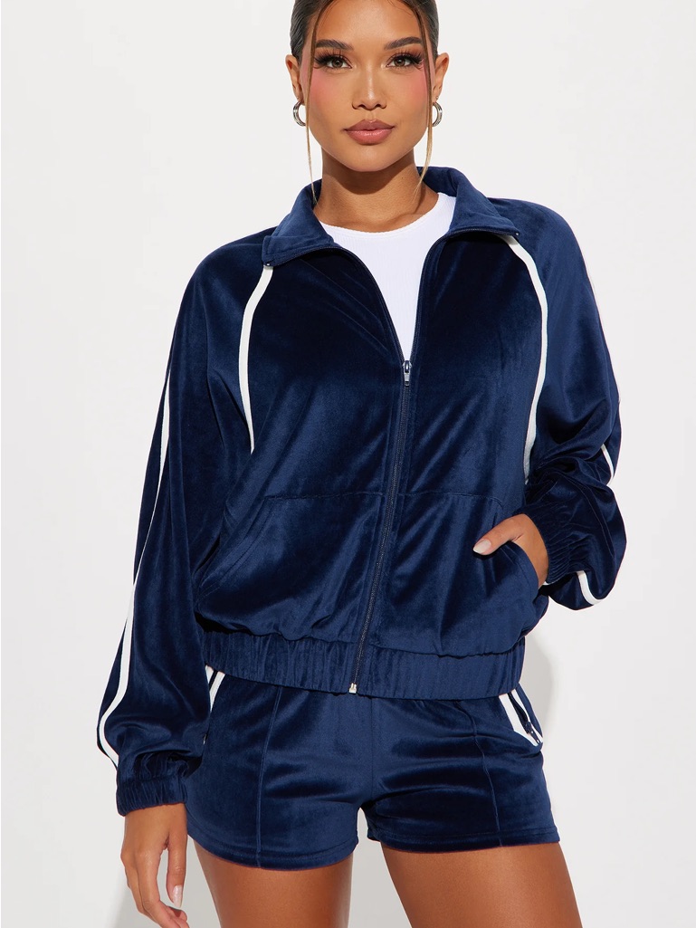 Navy Velour Zip-Up Track Jacket With White Piping Nwt
